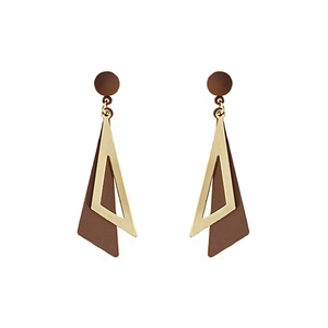 Detail of geometric brown and gold earrings featuring layered triangular pendants