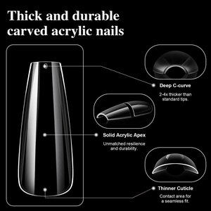 Premium thick acrylic coffin nail tips with deep C curve and seamless fit design