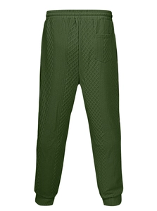 Detail of dark green waffle textured men's joggers with elastic waist and back pocket