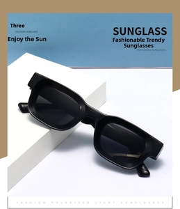 Detail view of black square frame polarized sunglasses on a white geometric display