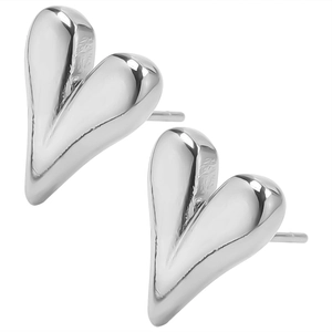 Macro detail of 3D heart stud earrings in polished stainless steel with mirror finish