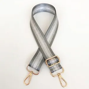 Close-up of adjustable grey and silver striped nylon strap with gold lobster clasps