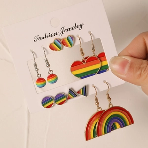 5-pair rainbow heart alloy stud earring set with colorful drip oil in gold finish