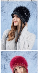 Detailed view of women's plush faux fur trapper hats in black and dark red colors