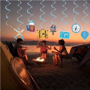 Travel theme graduation party hanging swirls with adventure cloud and map airplane decor