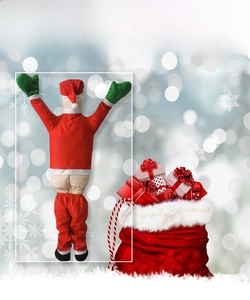Detailed view of plush Santa Claus costume hanging decoration with red suit and green gloves