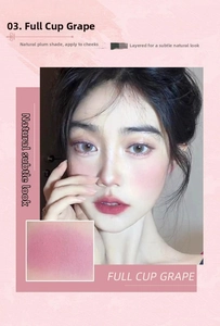 Close-up of matte grape purple blush powder on skin for a natural makeup look
