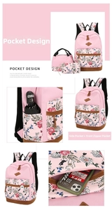 Detailed views of pink floral canvas backpack set including lunch bag and pencil case