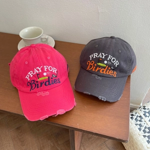 Distressed cotton baseball caps with golf embroidery in rose red and dark grey colors