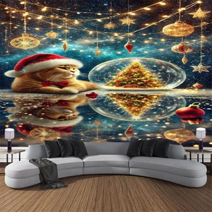 Detailed Christmas backdrop featuring a cat in a Santa hat and a glowing crystal ball