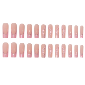 French style long square press-on nails with pink gradient and silver glitter waves
