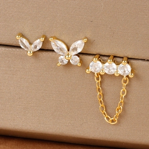 Gold butterfly stud earring set with zircon stones and chain in stainless steel