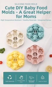 Detailed view of heat-resistant silicone cat paw baby food molds in pastel colors