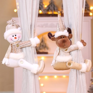 Christmas snowman and reindeer curtain tiebacks in champagne plush for festive decor