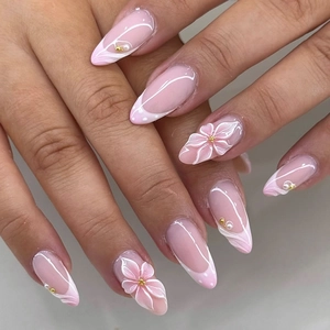 Almond Shape Press On Nails With 3D Flower Artificial Pearl Beads Decor Pink White French Tip Hand Painted Elegant False Nails