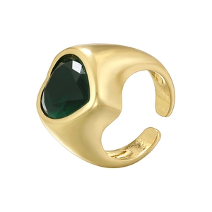 Detail of a gold-plated open ring featuring a deep green heart-shaped gemstone