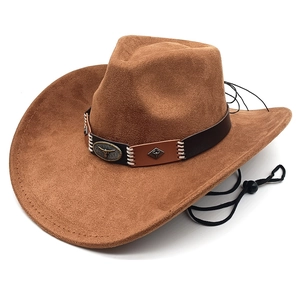 Vintage brown western cowboy hat with metal bull head buckle and adjustable wind strap