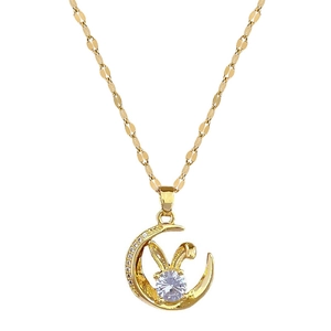 Luxurious gold stainless steel necklace with moon and rabbit pendant and clear crystal