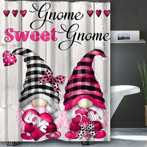 Detail of waterproof polyester shower curtain with Valentine gnomes on white wood background