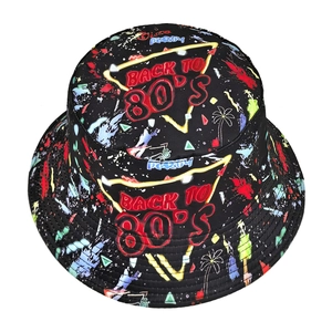 Fashionable reversible bucket hat with 80s retro graffiti print and sun protection