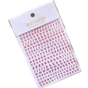 Red 3D nail art stickers featuring uppercase and lowercase alphabet letters for DIY manicure