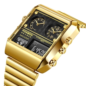 Waterproof gold square digital quartz watch with world map and triple time display