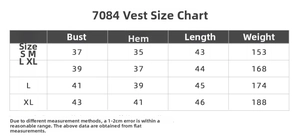Tableau des tailles pour gilet 7084 avec mesures poitrine et longueur en S-XL
