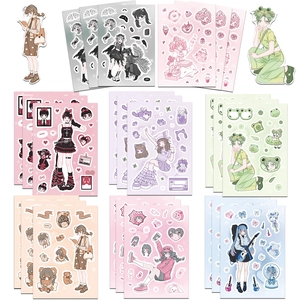 Flat lay of eight Korean cartoon girl stickers in diverse pastel colors for DIY decor