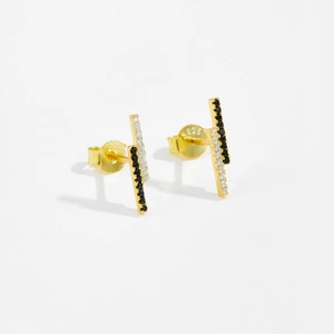 Elegant S925 sterling silver gold-plated geometric stud earrings with black and white zircon