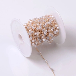 1m roll of gold-plated copper bead chain with white faux pearls for DIY jewelry making
