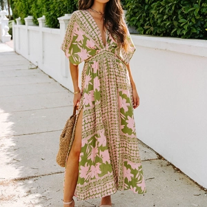 Bohemian Floral Print Maxi Dress Polyester Deep V Neck High Split Short Batwing Sleeve High Waist Sexy Summer Vacation For Women