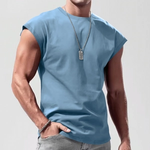 Close-up of light blue sleeveless muscle T-shirt for men with a slim-fit crew neck cut
