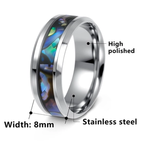 Men's 8mm stainless steel ring featuring multi-color abalone shell inlay and polished finish