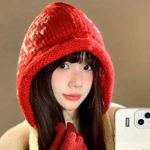 Handmade red knitted balaclava hat and matching gloves set for winter warmth