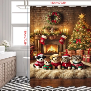 Christmas shower curtain with festive pets and fireplace scene, size 180x180cm