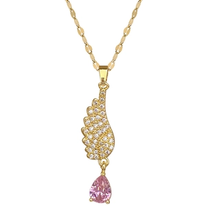 Luxurious angel wing necklace with pink teardrop crystal and white zircon stones