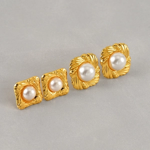 Vintage Artificial Pearl Stud Earrings Stainless Steel 18K Gold Plated Textured Geometric Square Round French Style Jewelry Women