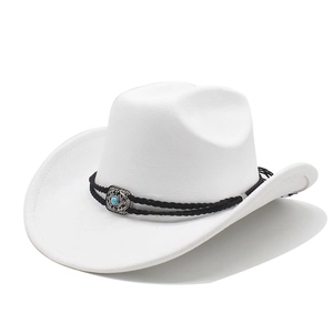 Close-up of white suede cowboy hat with turquoise stone and black woven band detail