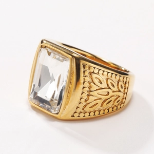 Gold stainless steel men's ring with large rectangular gemstone and leaf relief