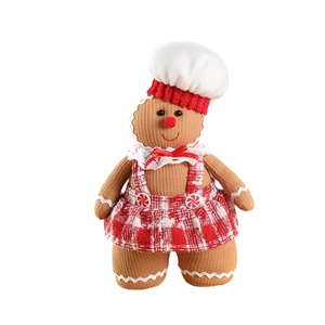 Gingerbread man plush doll with red plaid dress and chef hat for Christmas tree decor