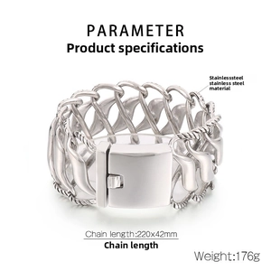 Close-up of industrial stainless steel woven bracelet showing 220x42mm size details