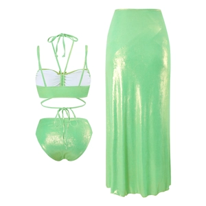 Three-piece neon green bikini set with shimmering metallic finish and matching maxi skirt