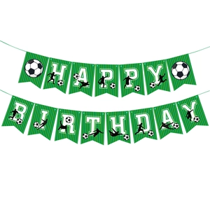 Detail of green soccer theme Happy Birthday banner with player silhouettes for party decoration