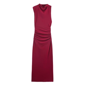 Sleeveless Maxi Dress Knitted Ruched Waist High Neck Bodycon Slim Fit Elegant Evening Party Gown For Women