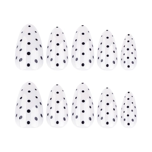 Classic white almond press-on nails with black polka dot design 10-piece set