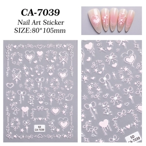 5D embossed nail stickers CA-7039 with pink hearts, bows, and stars detail view