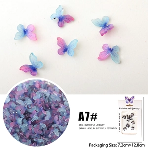 Detail of 3D gradient resin butterfly nail charms in sky blue and purple, model A7#