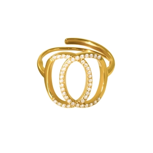 Elegant gold-plated open ring with double oval overlapping bands and pavé cubic zirconia