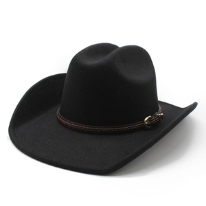 Classic black wool felt cowboy hat with woven leather band and gold horseshoe buckle