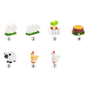 7-piece miniature resin garden set with fence, tree stump, sheep, and chicks figurines